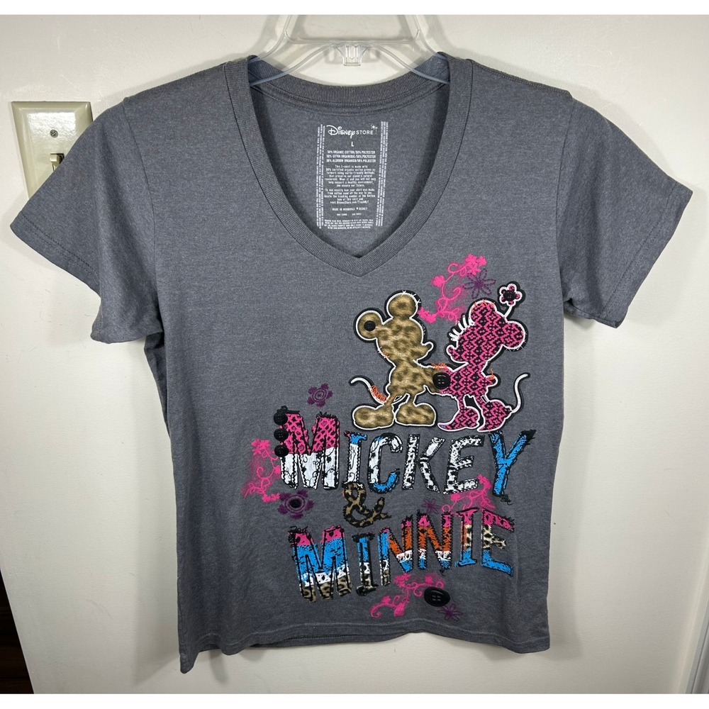 Disney Store Mickey Minnie T-Shirt Womens L Gray Leopard Print Y2K Retro 2000s